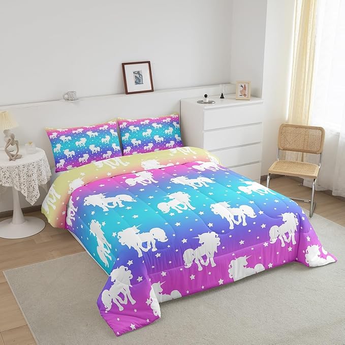 3 Piece Unicorn and Stars Bedding Set Queen Size,Tie Dye Pastel Comforter Sets Rainbow Printed Duvet Sets for Kids Girls Teens,Girly Sweet Colorful Down Comforter Bedroom Decor with 2 Pillow Cases