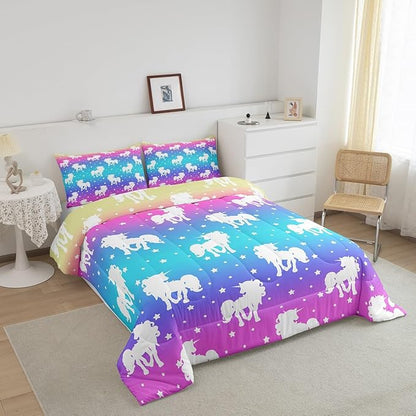 2 Piece Unicorn and Stars Bedding Set Twin Size,Tie Dye Pastel Comforter Sets Rainbow Printed Duvet Sets for Kids Girls Teens,Girly Sweet Colorful Down Comforter Bedroom Decor with 1 Pillow Case
