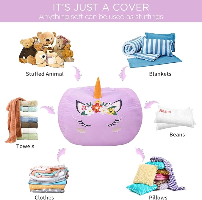 Aubliss Stuffed Animal Storage, Velvet Bean Bag Chairs Cover, X-Large 38" Ultra Soft Kids Toy Storage Organizer for Blankets Towels Clothes, Unicorn Purple Floral