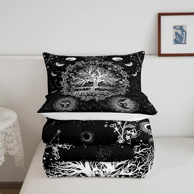 Feelyou Sun and Moon Comforter Bohemian Tree Butterfly Style Bedding Set Psychedelic Hippie Comforter Set for Boys Girls Children Teens Bedroom Decor Galaxy Astrology Duvet Set Queen Size