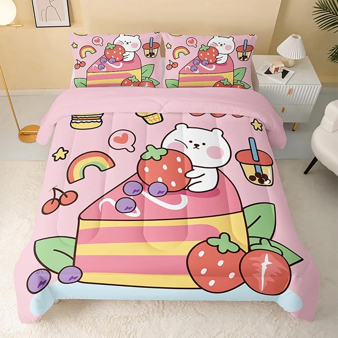 Kawaii Bear Comforter King,Pink Bear Comforter Set for Kids Teens Girls,3Pcs Bedding Set Printed Comforter with 2 Pillowcases,Down Alternative,Soft and Lightweight，King Size
