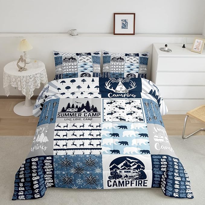 Erosebridal Happy Camping Bedding Set Queen Size for Boys Kids Teens, Camper Duvet Insert, Rustic Farmhouse Style Comforter Set, Sketch Drawing Camper Bedding, Camping Car Down Comforter, Blue