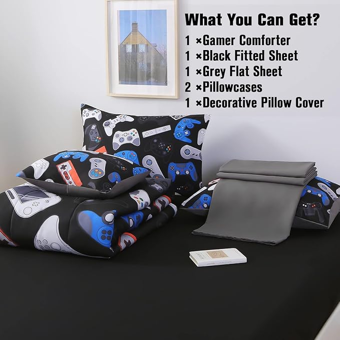 JQinHome Queen Gamer Comforter Set for Boys,6 Piece Bed in A Bag 3D Video Game Bedding -All Season Soft Microfiber Down Alternative Comforter Gamer Bedding Sets for Kids(Gamepad Collection)