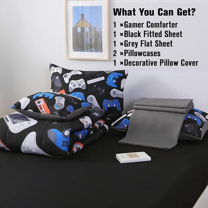 JQinHome Full Gamer Comforter Set for Boys,6 Piece Bed in A Bag 3D Video Game Bedding -All Season Soft Microfiber Down Alternative Comforter Gamer Bedding Sets for Kids(Gamepad Collection)
