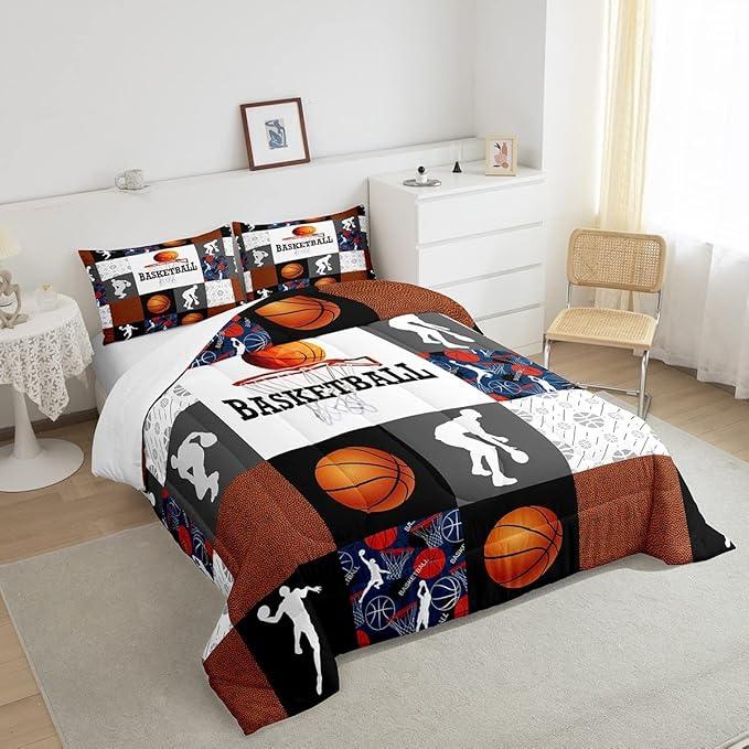 Basketball Queen Comforter Set For Boys Sports Bedding Set Basketball Athlete Bed Comforter Sets Patchwork Style Orange Black White Grey Soft Lightweight Quilt Duvet Insert 2 Pillow Cases Room Decor