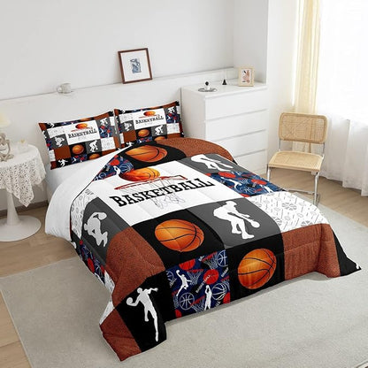 Basketball Queen Comforter Set For Boys Sports Bedding Set Basketball Athlete Bed Comforter Sets Patchwork Style Orange Black White Grey Soft Lightweight Quilt Duvet Insert 2 Pillow Cases Room Decor