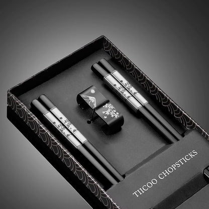 Premium 304 Stainless Steel Chopsticks Set - 2 Pairs Titanium Plated Japanese Style with Laser Engraved Design, Dishwasher Safe, Non-Slip Grip, Elegant Gift Box (Black)