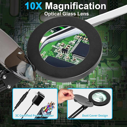 HITTI 10X Magnifying Glass with Light and Stand, Upgrade Base Button, 3 Color Modes Stepless Dimmable Magnifying Lamp, Adjustable Swing Arm LED Lighted Magnifier for Crafts Soldering Hobby