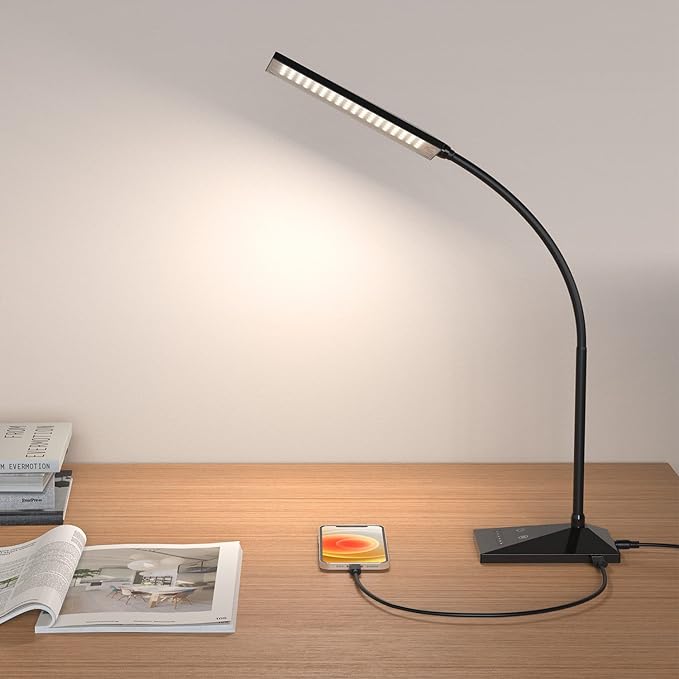 RAOYI LED Desk Lamp, 12W Dimmable Table Lamp Eye-Caring Reading Light with USB Charging Port, Touch Control, 5 Lighting Modes and 6-Level Brightness for Home Office Bedrooms (Black)