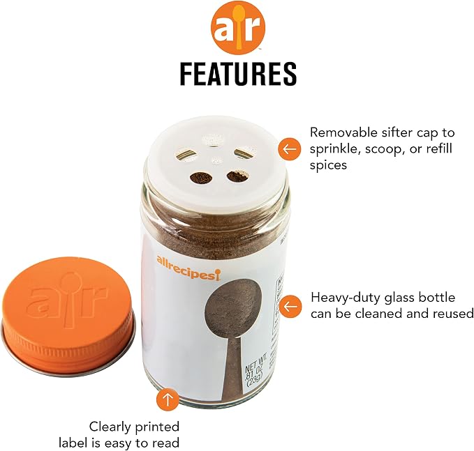 Allrecipes Essential BBQ Rubs (Canadian Steak, Kansas City BBQ, Ultimate Burger) in Glass Jars with Removable Sifter Caps for Sprinkling, Set of 3, Clear, 9.63 x 6.13 x 2-Inch
