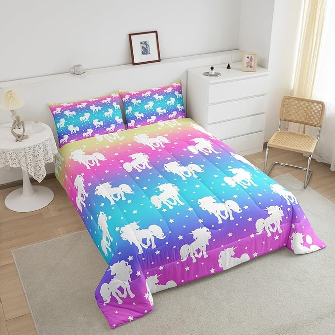 3 Piece Unicorn and Stars Bedding Set Queen Size,Tie Dye Pastel Comforter Sets Rainbow Printed Duvet Sets for Kids Girls Teens,Girly Sweet Colorful Down Comforter Bedroom Decor with 2 Pillow Cases