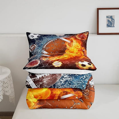 Erosebridal Football Comforter Set Queen Rugby Sports Bedding Set for Teen Boys Kids,Soccer Basketball Baseball Comforter Red Blue Water Fire Lightning Quilt Duvet Insert Bedroom Decor 2 Pillow Cases