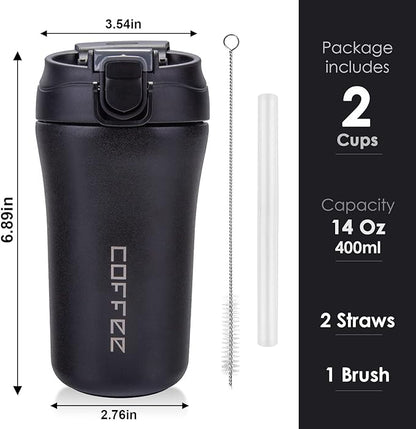 14 oz Travel Coffee Mug, 2 Pack Vacuum Insulated Stainless Steel Tumbler | Spill proof coffee travel mug with lid & straw for hot & cold drinks. Great gift for men & women (Black Grey)
