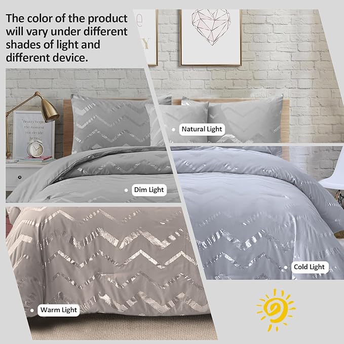 Grey and Silver Comforter Set Twin Size Metallic Print Geometric Bedding Set Lightweight Microfiber Comforter for Teen Girls Boys Women (1 Pillow Sham + 1 Decorative Pillow Sham)