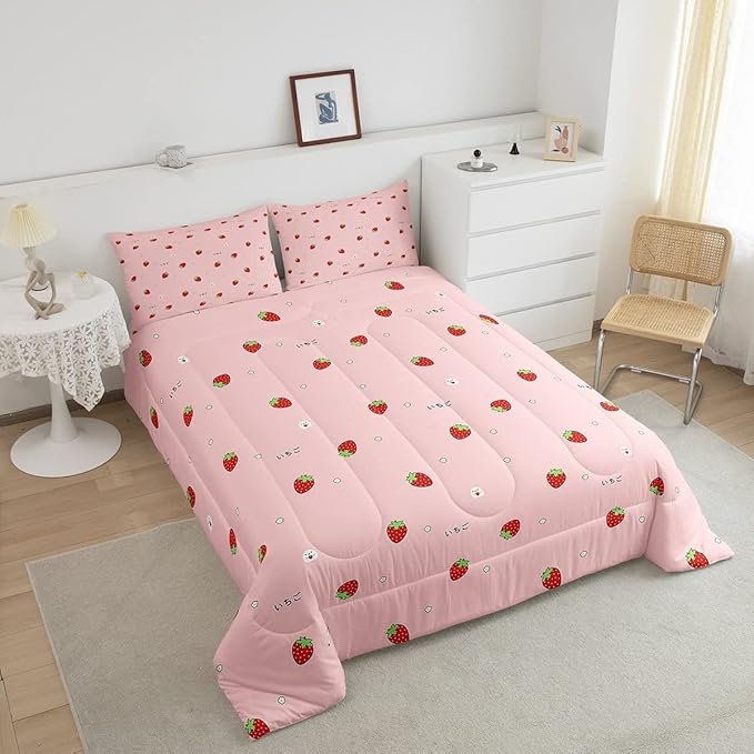 Girls Strawberry Comforter Set King Kawaii Strawberry Comforter for Kids Japanese Style Pink Cute Cartoon Fruit Food Theme Bedding Set Girly White Floral Down Comforter Reversible Soft Lightweight