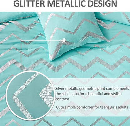 Aqua Comforter Set Twin Size, Metallic Teal and Silver Bedding Set, 3 Piece Lightweight Microfiber Comforter for Teen Girls Boys Women (1 Pillow Case + 1 Decorative Pillow Sham)