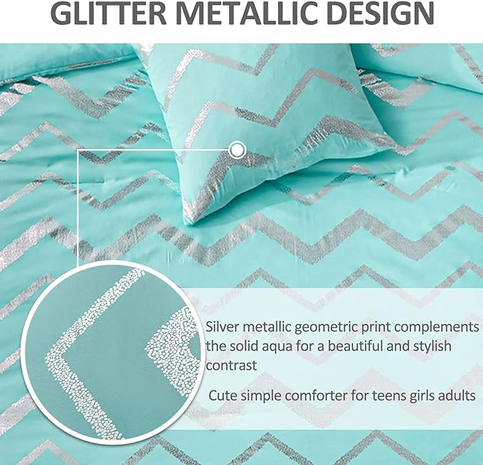Aqua Comforter Set King Size, Metallic Teal and Silver Bedding Set, 4 Piece Lightweight Microfiber Comforter for Teen Girls Women (2 Pillow Shams + 1 Decorative Pillow Sham)