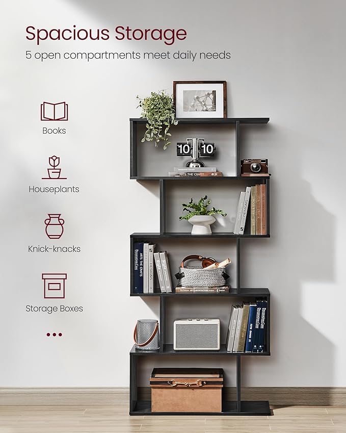 VASAGLE Bookshelf, 5-Tier Bookcase, Tall Display Shelf, Freestanding Storage Shelf, Room Divider, for Home Office, Living room, Bedroom, Study, Ebony Black ULBC062T56