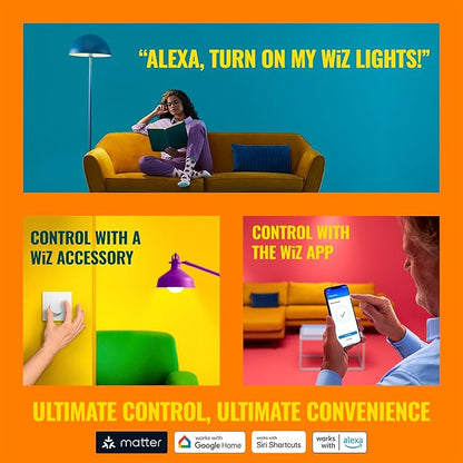 WiZ 60W A19 Color LED Smart Bulb - Pack of 6 - E26- Indoor - Connects to Your Existing Wi-Fi - Control with Voice or App + Activate with Motion - Matter Compatible