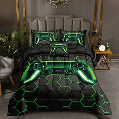 6 Pieces Gaming Bedding Set for Boys Gamer Comforter Set Full Size,Video Game Comforter for Kids Adult 3D Gaming Geometric Microfiber Bedding Sets 6 Pieces Bed in A Bag Sets H50021,Full