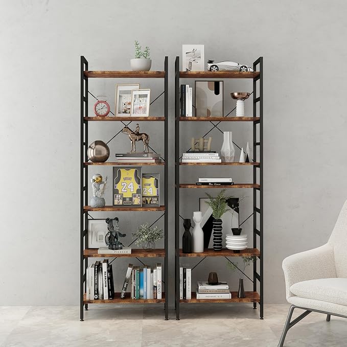 6 Tier Industrial Bookcase Shelf,Tall Bookshelf Industrial Corner Storage Organizer for Bedroom/Living Room/Home Office - Rustic Brown Modern Book Shelf for Books and Movies