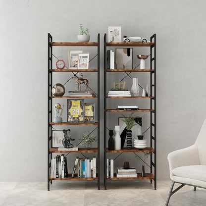 6 Tier Industrial Bookcase Shelf,Tall Bookshelf Industrial Corner Storage Organizer for Bedroom/Living Room/Home Office - Rustic Brown Modern Book Shelf for Books and Movies