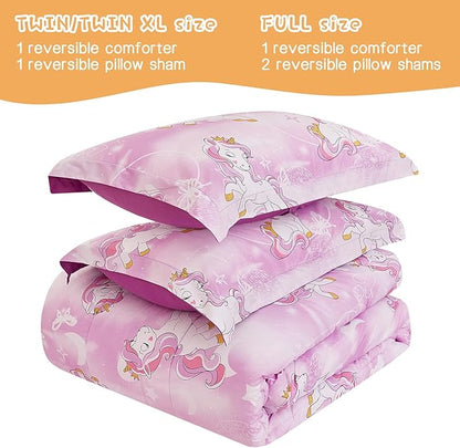 Unicorn Kids Comforter Set for Girls Full Size, Cute Reversible Quilted Lavender Printed Bedding Set with Pillow Sham, Lightweight Soft Breathable Machine Washable Bed Set 3 Piece