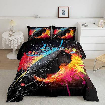 Erosebridal Hockey Bedding Set for Teen Boys Kids Winter Sports Queen Comforter Set Grunge Hippie Tie Dye Ball Bed Comforter Sets Red Blue Fire and Water Lightning Quilt Duvet Insert 2 Pillow Cases