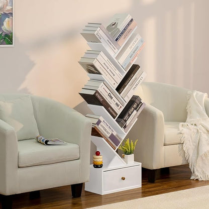 8 Tier Tree Bookshelf with Drawer, Free Standing Wood Bookcase for Living Room, Bedroom, Home Office, Space Saving Storage Organizer Bookshelves for Books, CDs, Vinyl Records- White