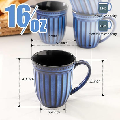 Coffee Mugs Set of 4, 16oz Navy Blue Ceramic Coffee Mug with Embossed Ribbed, Farmhouse Tea Cup Set for Latte, Cappuccino, Milk, Large Handle, Suitable for Office Home Restaurant Housewarming Gift