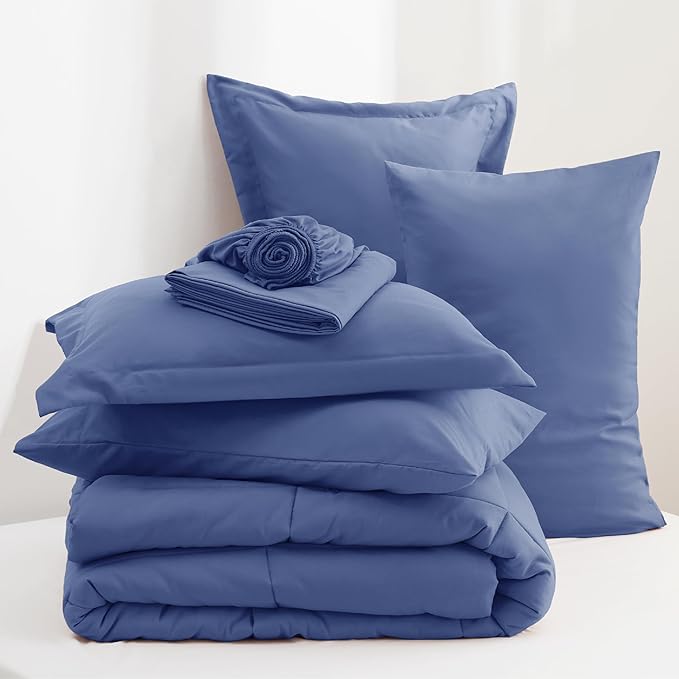 Bedsure Infinity Blue King Size Comforter Set - 7 Pieces Solid King Bed in a Bag, King Bed Set Infinity Blue with Comforters, Sheets, Pillowcases & Shams