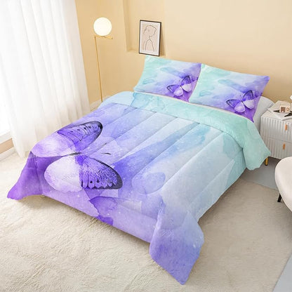 Butterfly Comforter Queen Size,Watercolor Butterfly Kids Comforter Set,3Pcs Bedding Set Printed Comforter with 2 Pillowcases,Down Alternative,Soft and Lightweight,for All Seasons