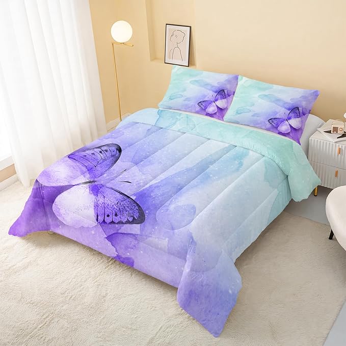 Butterfly Comforter Twin Size,Watercolor Butterfly Kids Comforter Set,3Pcs Bedding Set Printed Comforter with 2 Pillowcases,Down Alternative,Soft and Lightweight,for All Seasons