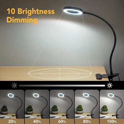 Magnifying Glass with Light 5X, 9w Clip on Light, 48 LED Desk Lamp wtih Clamp Light, 3 Modes Dimmable Magnifying LED Lamps for Bed Work Crafts Workbench