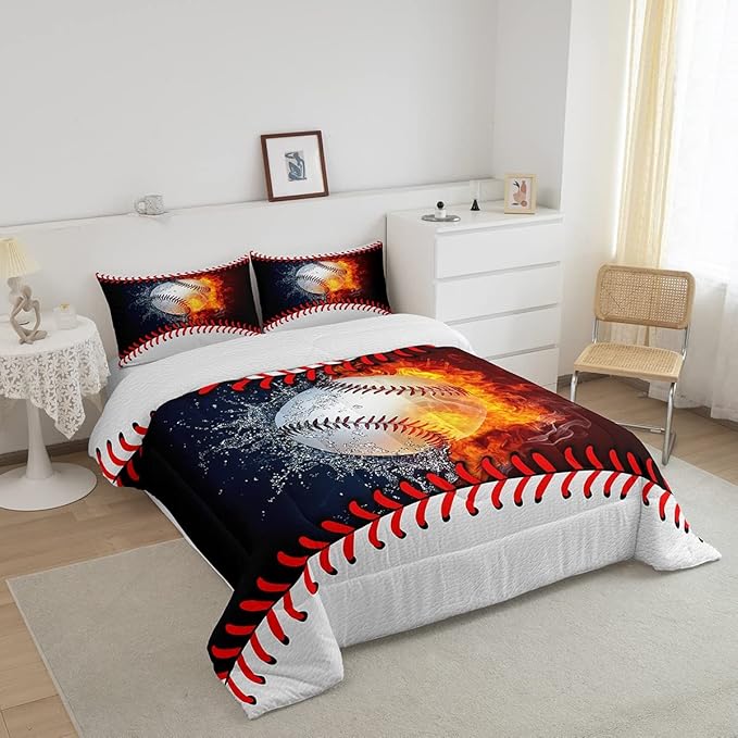 Erosebridal Baseball Comforter Set Kids Baseball Full Bedding Set for Teen Boys Sports Games Bedding Comforter Sets Red Blue Water Fire Quilted Duvet Sport Theme Bedroom Dorm Decor 2 Pillowcases