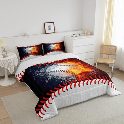 Erosebridal Baseball Comforter Set Kids Baseball Full Bedding Set for Teen Boys Sports Games Bedding Comforter Sets Red Blue Water Fire Quilted Duvet Sport Theme Bedroom Dorm Decor 2 Pillowcases