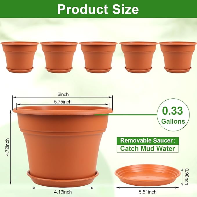 6 Inch Plastic-Flower Pot-for-Indoor Plants, 6 Pack Outdoor Plant Pots with Drainage Holes & Saucers, Resin Garden Pots Planters