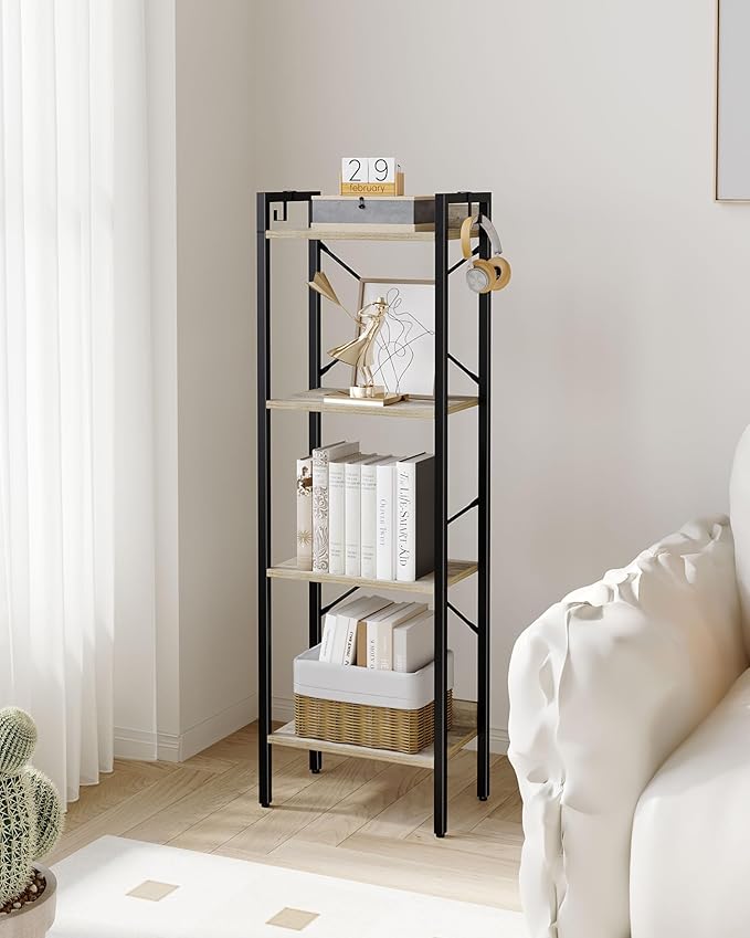 Bookshelf, Book Shelf, Industrial Bookcase with 2 Hooks, Coner Shelf Storage Organizer for Home Office, Living Room, Bedroom, Kitchen, 4-Tier Greige BC10405B