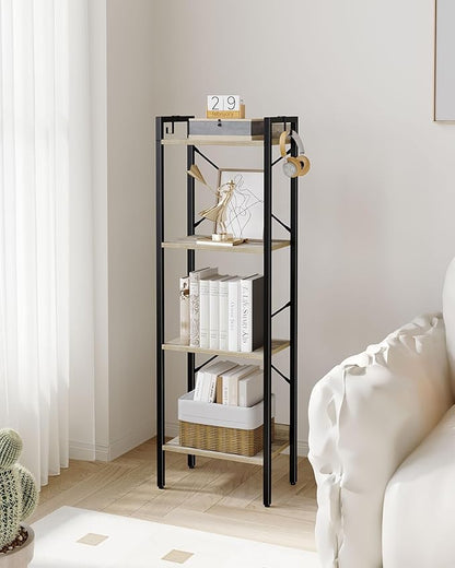 Bookshelf, Book Shelf, Industrial Bookcase with 2 Hooks, Coner Shelf Storage Organizer for Home Office, Living Room, Bedroom, Kitchen, 4-Tier Greige BC10405B