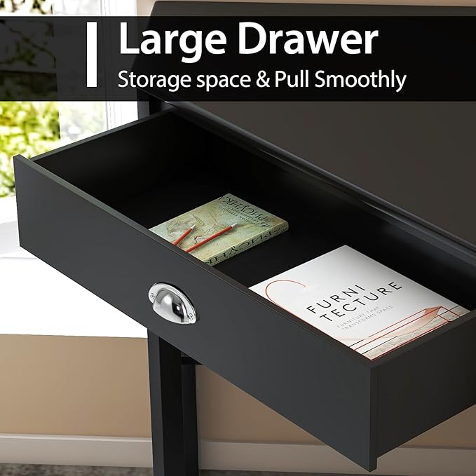Nightcore Small, Wood Computer Desk, Compact Writing w/Drawer & Storage Shelves, Space Saving Study Workstation, Laptop PC Corner Table, Coffee