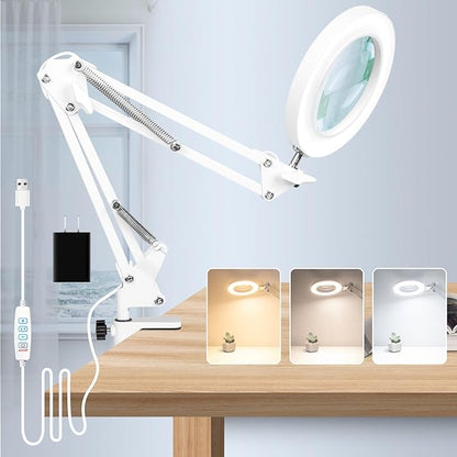 10X Magnifying Glass with Light, Flexible Arm Magnifier Lamp, 3 Color Modes & Stepless Dimming Magnifying Lamp with Clamp, Hands Free Lighted Magnifying Glass for Hobby Craft Workbench-White