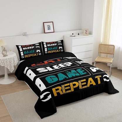 Gamer Comforter Sets for Boys King Size Gaming Bedding Set Teens Kids Games Controller Comforter Room Decor Funny Creative Eat Sleep Game Repeat Design Reversible Inner Fill Comforter for All Season