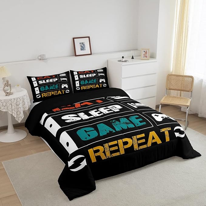 Boys Gaming Comforter Sets for Kids Twin Size Gamer Bedding Set Teens Video Games Comforter Duvet Room Decor Funny Creative Eat Sleep Game Repeat Design Reversible Inner Fill Quilt Set All Season