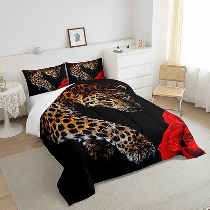 Erosebridal Leopard Comforter Set Twin Size,Red Rose Cheetah Bedding Set,Cat Leopard Print Down Comforter, Romantic Floral Quilted Duvet, Safari Animal Quilt Set, Stylish Bedroom Decor, Black
