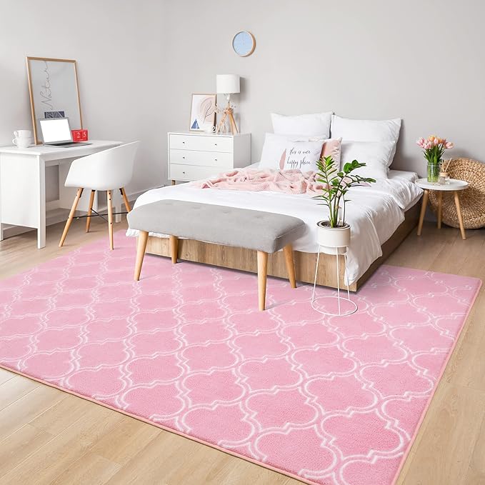 Chicrug Shag Geometric Modern Area Rug for Bedroom, 4x6 Feet Memory Foam Indoor Carpet, Fluffy Rug for Living Room Bedside Room Decor for Family Girls Kids Nursery Play Mat, Pink/White