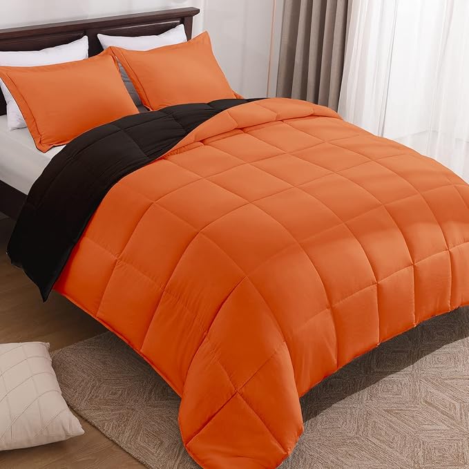 Basic Beyond Twin Comforter Set for Girls and Boys - Fluffy Twin Bed Comforter Set for All Seasons - Reversible Kids Twin Comforter Set - 2 Pieces (1 Comforter + 1 Pillow Sham) - Orange/Black