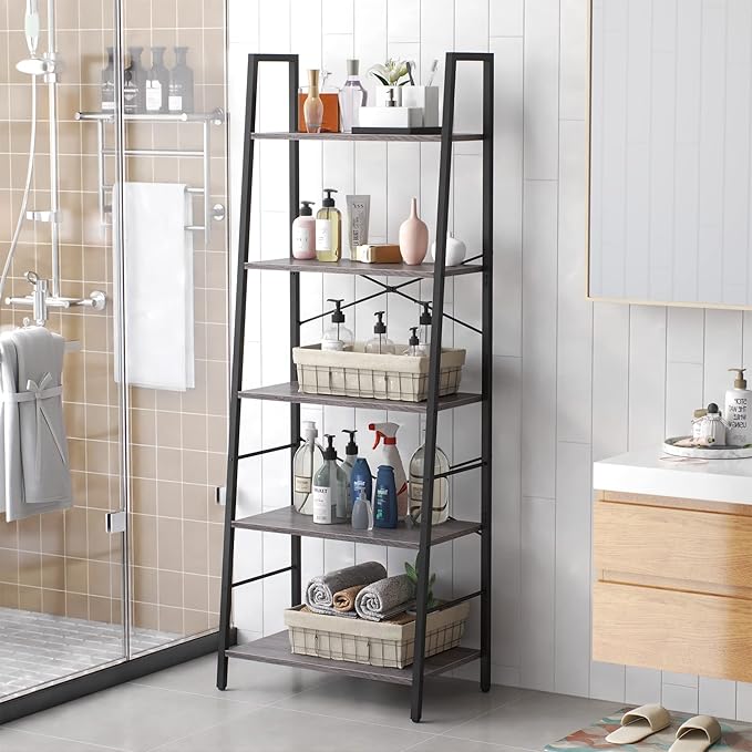 Yusong Bookshelf, Ladder Shelf 5-Tier Bookcase for Bedroom, Industrial Book Shelves Storage Rack with Metal Frame for Home Office, Gray