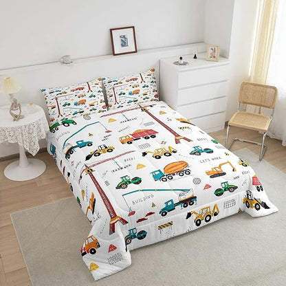 Heavy Machinery Truck Bedding Set Tractor Crane Comforter Set for Kids Boys Girls Youth Construction Site Comforter Nursery Decor Quilt Set Room 3Pcs Full Size