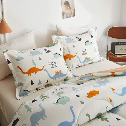 Joyreap 3pcs Cotton Comforter Set for Kids, Dinosaur Full/Queen Size Cotton Bedding Comforter for Boys Girls, White n Orange Reversible Design, Soft n Cozy Comforter for All Season- 88x88 inches