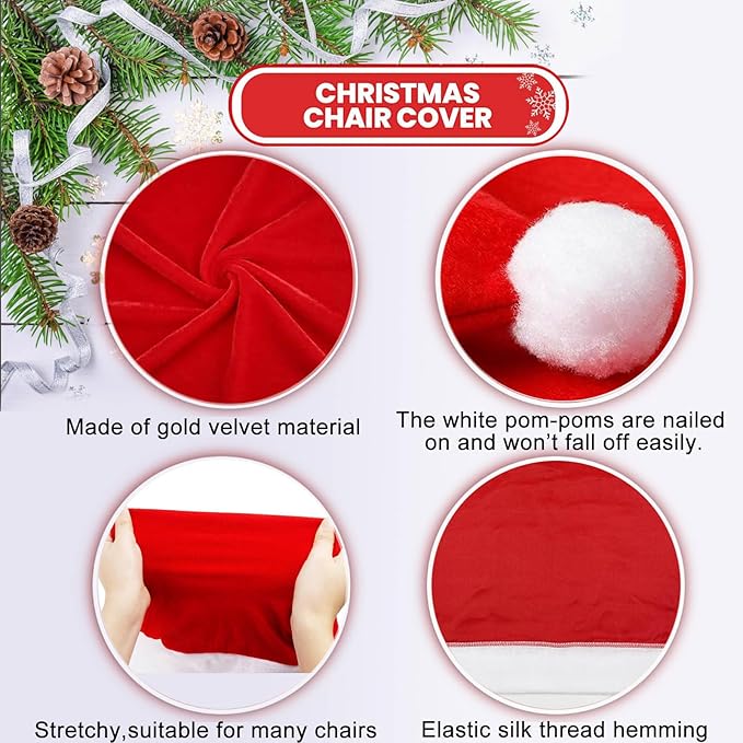 Christmas Chair Covers Set of 4,Red and White Santa Claus Hat Chair Back Covers for Xmas Holiday Festival Indoor Kitchen Bar Counter Stools Decorations Dining Room Table Decor